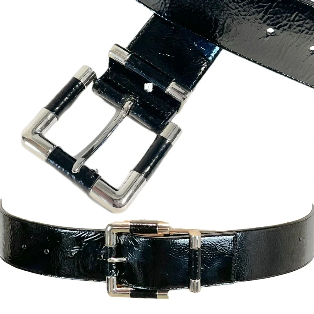 Talbots black shiny patent belt leather‎ silver hardware buckle classic timeless